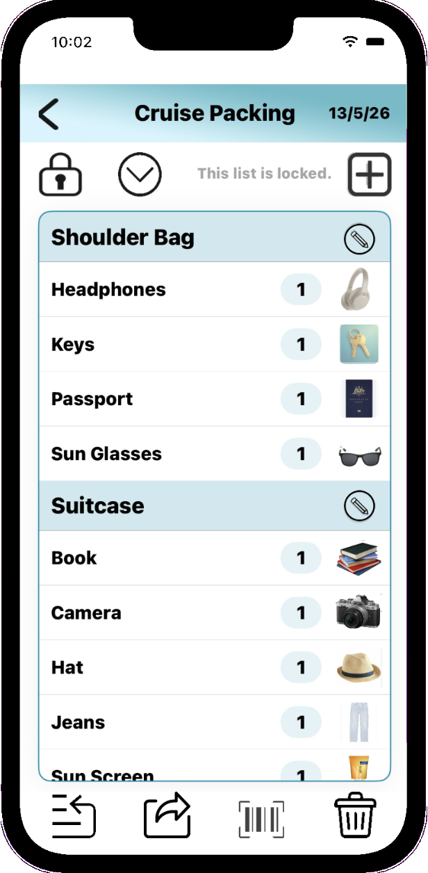 Cruise Packing list screen